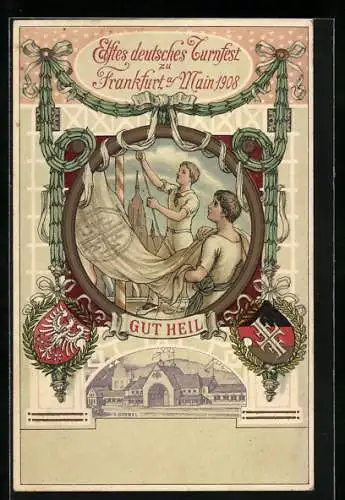 AK Frankfurt am Main, XI. Deutsches Turnfest Juli 1908, Gut Heil, Ganzsache PP27 /C80