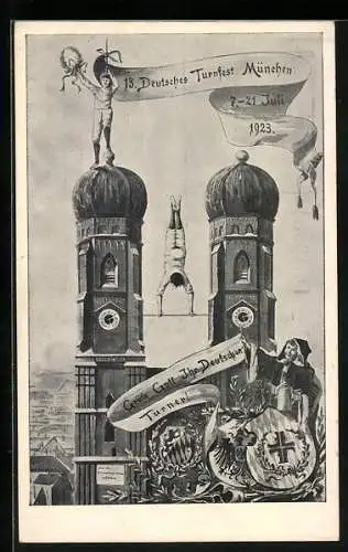 Künstler-AK München, 13. Deutsches Turnfest 1923, Sportler turnen auf der Frauenkirche, Münchener Kindl, Ganzsache