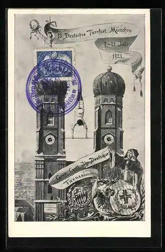 Künstler-AK München, 13. Deutsches Turnfest 1923, Sportler turnen auf der Frauenkirche, Ganzsache PP72 /C1