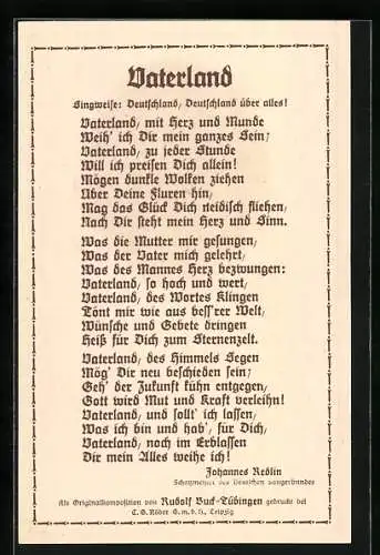 AK Hannover, Sängerfest 1924, Liedtext Vaterland, Ganzsache