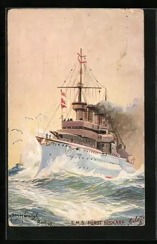 Künstler-AK Ostasiengeschwader, Kriegsschiff S.M.S. Fürst Bismarck, Dampfer