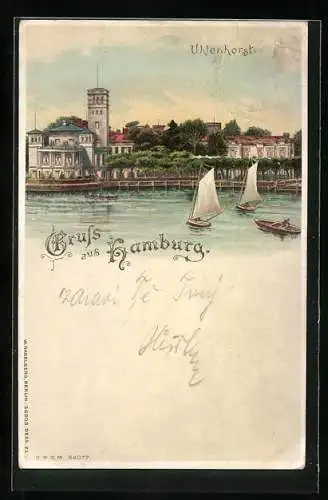 Lithographie Hamburg, Uhlenhorst, Fährhaus, Segelboote, Halt gegen das Licht