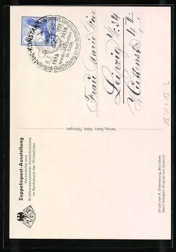 AK Konstanz, Zeppelinpost-Ausstellung anlässlich des 100. Geburtstages des Grafen Zeppelin, Juli 1938, Ganzsache