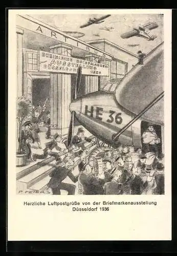 Künstler-AK Düsseldorf, Rheinische Briefmarken-Ausstellung 1936, Luftpostgrüsse Luftpost, Ganzsache