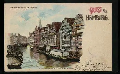 Lithographie Hamburg, Fleet zwischen Deichstrasse und Cremon, Halt gegen das Licht