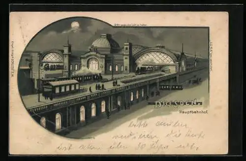 Lithographie Dresden, Hauptbahnhof bei Nacht, Halt gegen das Licht