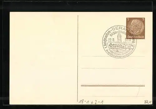 AK Gera, 1. Briefmarken-Ausstellung der Deutschen Sammler-Gemeinschaft 1937, 700 Jahre Stadt Gera, Ganzsache