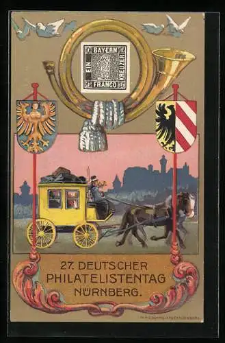 Künstler-AK Nürnberg, 27. Deutscher Philatelistentag 1921, Postkutsche, Ausstellung, Wappen, Ganzsache