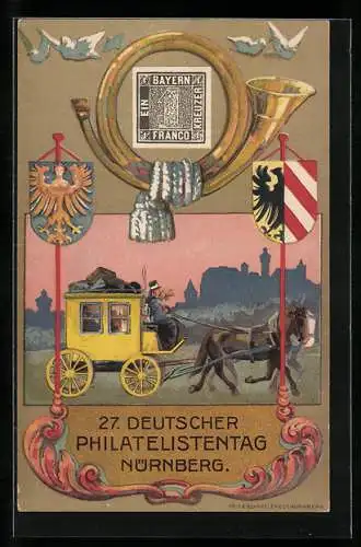 Künstler-AK Nürnberg, 27. Deutscher Philatelistentag 1921, Postkutsche, Ausstellung, Wappen, Ganzsache