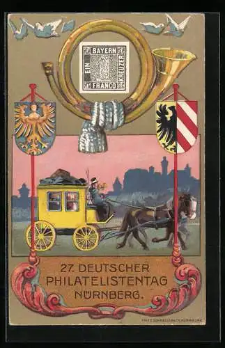 Künstler-AK Nürnberg, 27. Deutscher Philatelistentag 1921, Postkutsche, Ausstellung, Wappen, Ganzsache