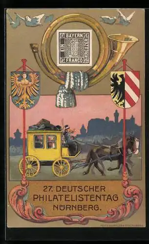 Künstler-AK Nürnberg, 27. Deutscher Philatelistentag 1921, Postkutsche, Ausstellung, Wappen, Ganzsache