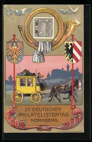 Künstler-AK Nürnberg, 27. Deutscher Philatelistentag 1921, Postkutsche, Ausstellung, Wappen, Ganzsache