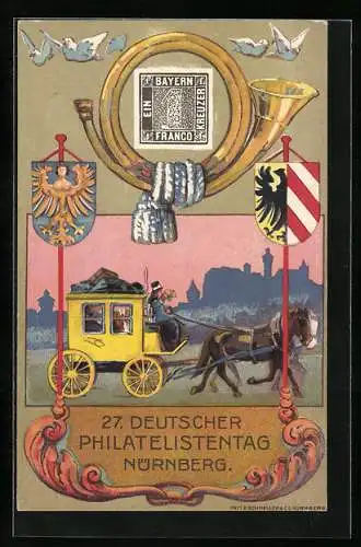 Künstler-AK Nürnberg, 27. Deutscher Philatelistentag 1921, Postkutsche, Ausstellung, Wappen, Ganzsache