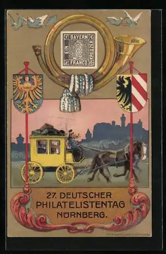 Künstler-AK Nürnberg, 27. Deutscher Philatelistentag 1921, Postkutsche, Ausstellung, Wappen, Ganzsache