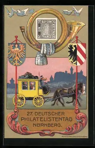 Künstler-AK Nürnberg, 27. Deutscher Philatelistentag 1921, Postkutsche, Ausstellung, Wappen, Ganzsache