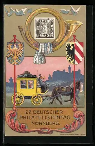 Künstler-AK Nürnberg, 27. Deutscher Philatelistentag 1921, Postkutsche, Ausstellung, Wappen, Ganzsache