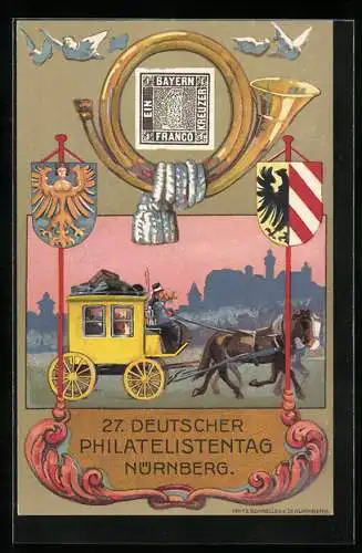 Künstler-AK Nürnberg, 27. Deutscher Philatelistentag 1921, Postkutsche, Ausstellung, Wappen, Ganzsache