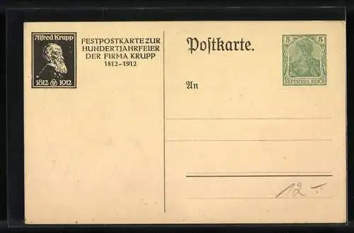 AK Gedenkstein Alfred Krupp (1812-1912), Hundertjahrfeier der Firma Krupp, Ganzsache