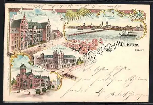 Lithographie Köln-Mülheim, Postgebäude, Städt. Webschule, Realgymnasium, Rheinansicht