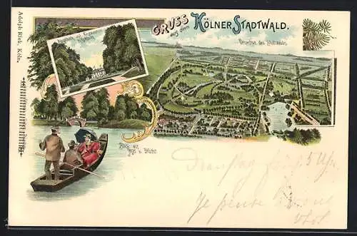 Lithographie Köln-Lindenthal, Restaurant Kitschburg, Kölner Stadtwald aus der Vogelschau