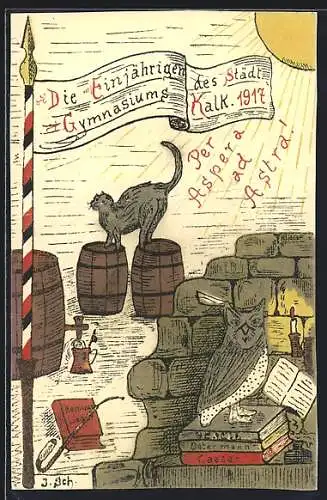 AK Köln-Kalk, Absolvia der Einjährigen des Städt. Gymnasiums 1917, Eule und Katze