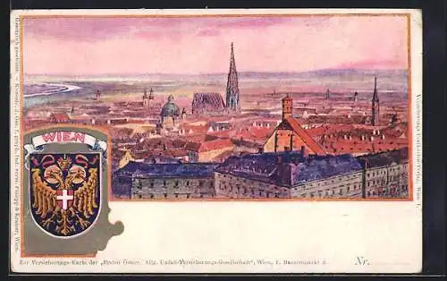 Künstler-AK Wien, Stadtansicht aus der Vogelschau und Stadtwappen