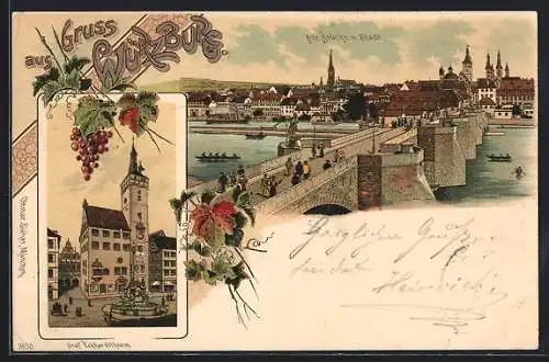 Lithographie Würzburg, Graf Eckhardtthurm, Alte Brücke und Stadt