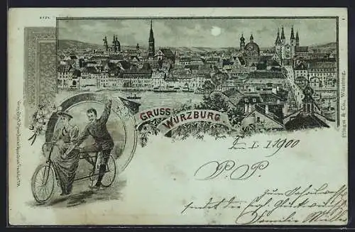 Lithographie Würzburg, Gesamtansicht, Paar auf einem Tandem