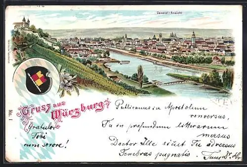 Lithographie Würzburg, Totalansicht der Stadt