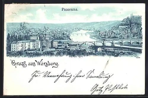 Lithographie Würzburg, Stadtpanorama, um 1900