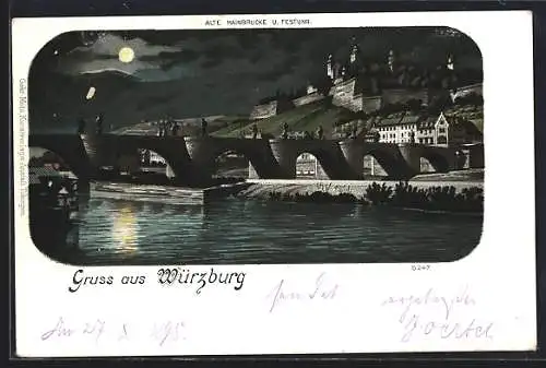 Lithographie Würzburg, Blick auf alte Mainbrücke und Festung