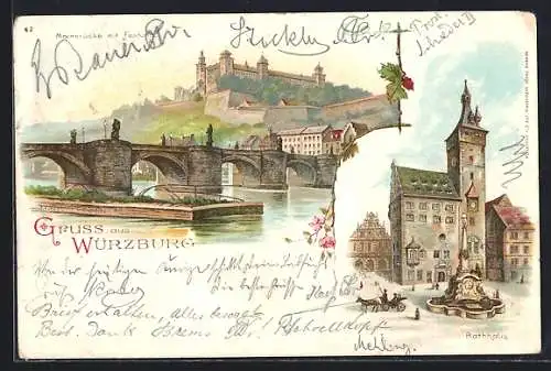 Lithographie Würzburg, Mainbrücke mit Festung, Rathaus, Rote Blumen