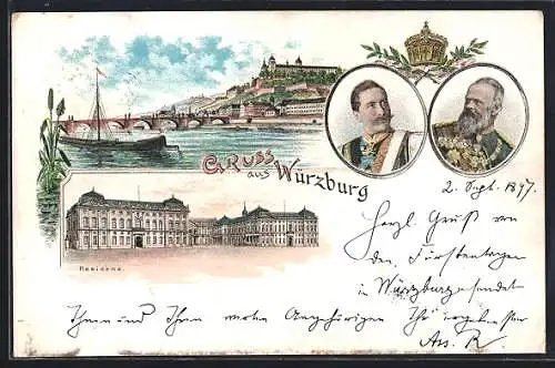 Lithographie Würzburg, Portrait Prinzregent Luitpold & Kaiser Wilhelm II., Mainbrücke, Residenz