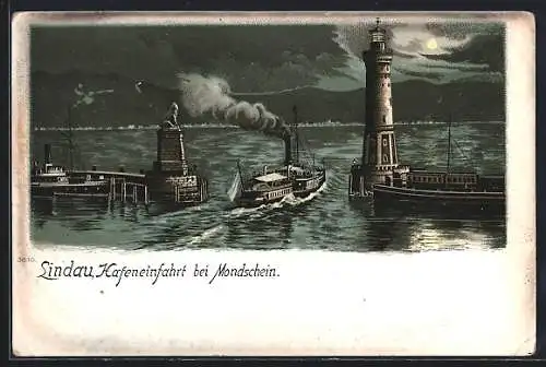 Lithographie Lindau / Bodensee, Hafeneinfahrt mit Leuchtturm