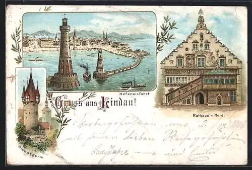 Lithographie Lindau / Bodensee, Rathaus v. Nord, Diebsturm, Hafeneinfahrt mit Leuchtturm und Dampfer