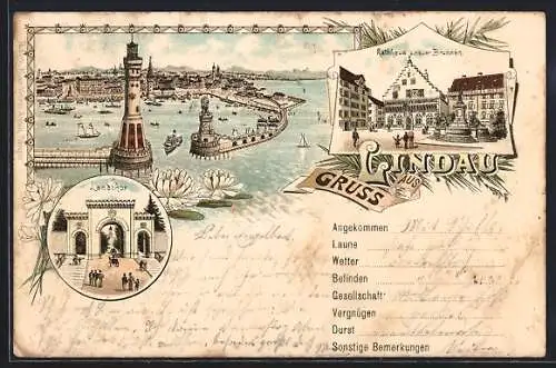 Lithographie Lindau / Bodensee, Landtor, Rathaus u. neuer Brunnen, Hafeneinfahrt