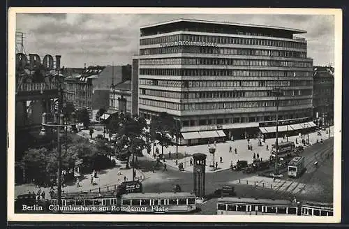 AK Berlin, Vorbeifahrende Strassenbahn am Columbushaus, Potsdamer Platz