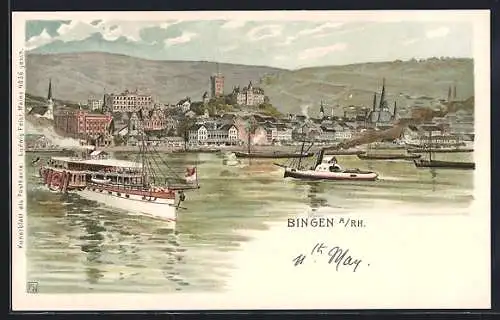 Lithographie Bingen / Rhein, Dampfer vor dem Ort