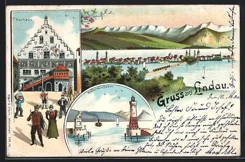 Lithographie Lindau / Bodensee, Ortspartie am Bodensee mit Alpenkette, Rathaus, Hafeneinfahrt