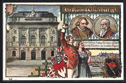 Künstler-AK Würzburg, Alma Julia, Prinzregent Luitpold, Teilansicht, Studentenpaar, Wappen