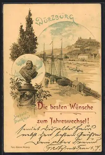 Lithographie Würzburg, Verlag Franz Scheiner, Siebold-Denkmal, Hafen mit Teilansicht der Stadt