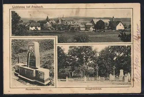 AK Lichtenau / Ansbach, Hexenbrunnen, Kriegerdenkmal, Ortsansicht