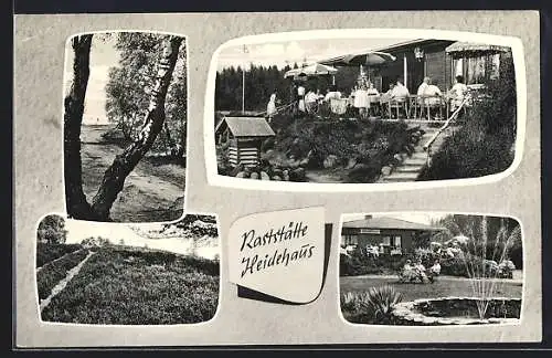 AK Homfeld / Aukrug, Die Raststätte Heidehaus v. G. Peters mit Terrasse und Garten, Wegpartien