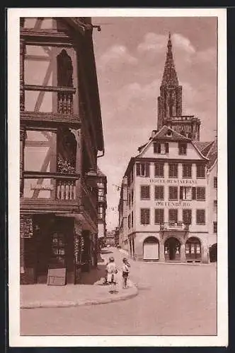 AK Strasbourg, le Ferkelmarkt avec l`Hôtel restaurant Ortenberg