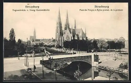 AK Strassburg, Vogesenbrücke und Evang. Garnisonkirche