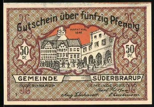 Notgeld Süderbrarup, 50 Pfennig, Marktplatz und Aufstandsszene mit Löwen und Fahnen, Seriennummer 15431