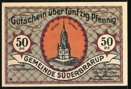 Notgeld Süderbrarup, 50 Pfennig, Erstürmung der Düppeler Schanzen und Düppel-Denkmal, Seriennummer 13221