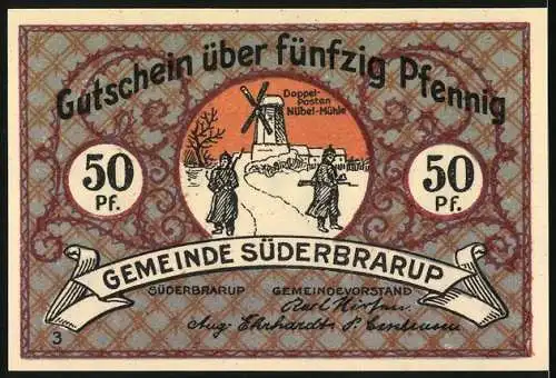 Notgeld Süderbrarup, 50 Pfennig, Soldat und Windmühle, Seriennummer 15321