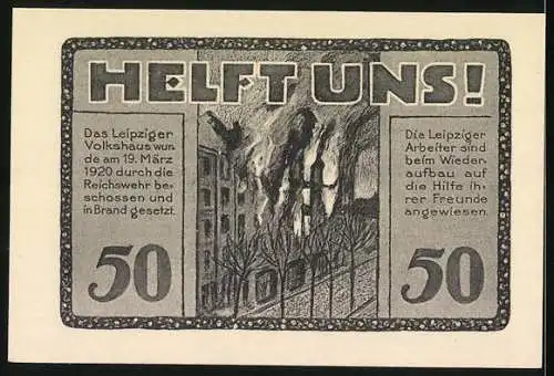 Notgeld Leipzig 1922, 50 Pfennig, Leipziger Volkshaus und brennendes Kaufhaus