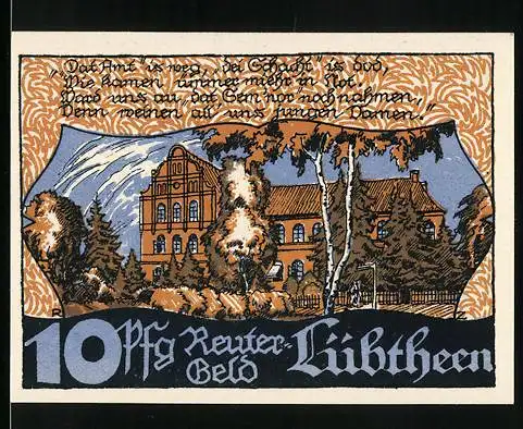 Notgeld Lübtheen 1921, 10 Pfennig, Gebäude und Denkmal in Landschaft